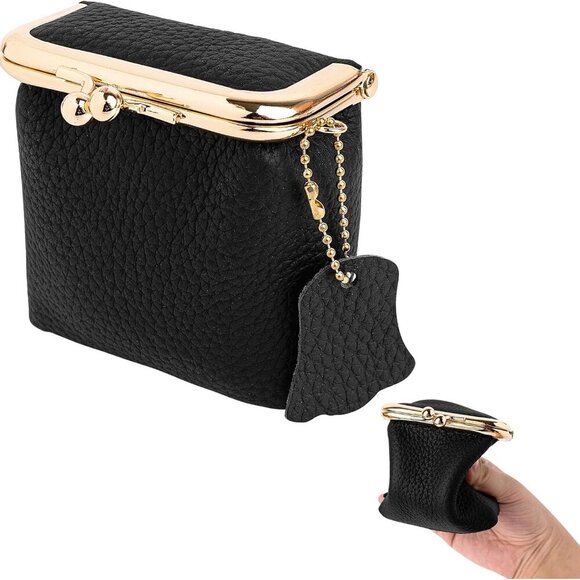 Vintage Black Leather Kiss Lock Coin Purse - Compact Portable Mini Wallet for Tr - Picture 8 of 8